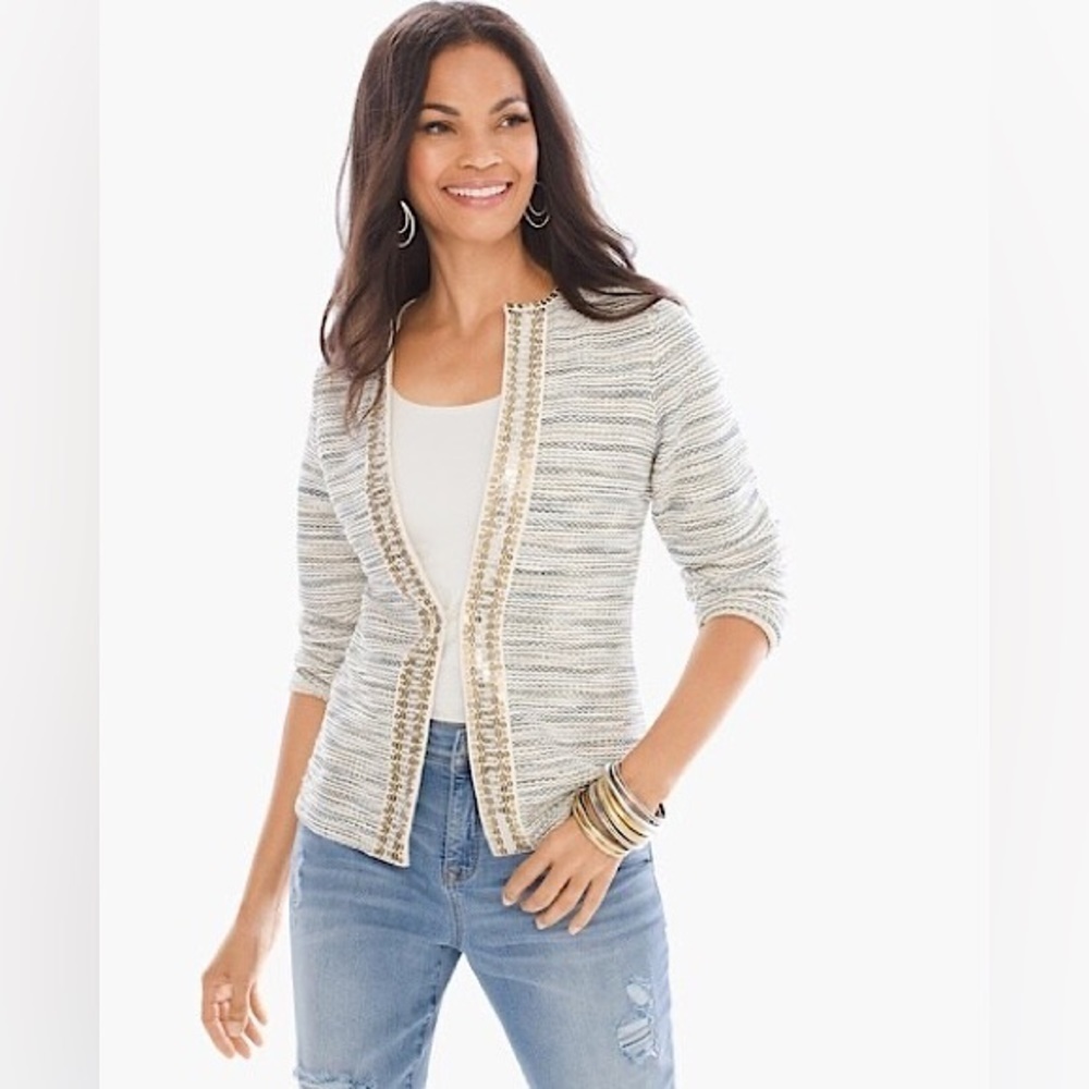 Chico’s Sequin Trim Embellished Cardi Sweater Size 3 (16) New